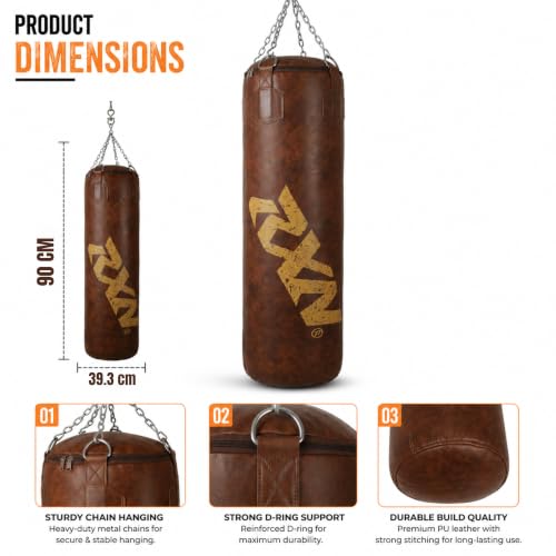 Image of RXN Powerstrike Boxing Punching Bag (Brown, 90 CM) | Synthetic Leather | Pre-Filled | Heavy-Duty Build | 4-Way Chain Included | Boxing, MMA & Kickboxing Training