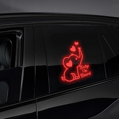 Image of High Intensity Reflective Baby on Board Car Decal Cartoon Cute Elephant Kids on Board Car Sticker Waterproof Safety Warning Decal Baby in Car Sticker (Red)