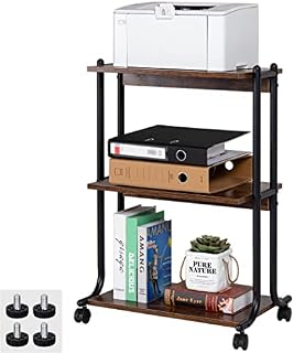 Becko Mobile Printer Stand 3 Tiers Wood/Metal Utility Cart with Shelf, Rolling Cart Storage Rack with Wheels/Anti-Slip Pads for Home Office (Brown)
