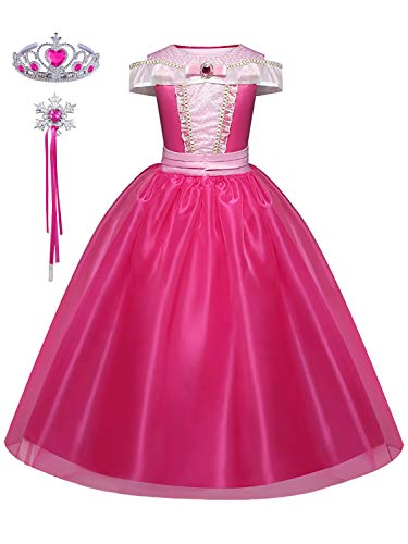 Eleasica Fille Manches Courtes Robe de Cosplay Princesse La Belle au Bois Dormant Costume Couronne Baguette Déguisements Costume Rose Cadeau de Anniversaire Carnaval Halloween Noël 4-10ans 110-150cm