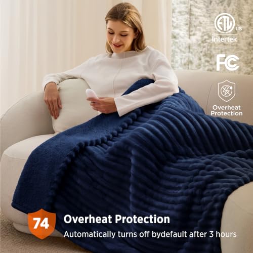 Image of Bedsure Thick Electric Blanket Twin, Heated Blanket Throw, ETL, Navy Blue