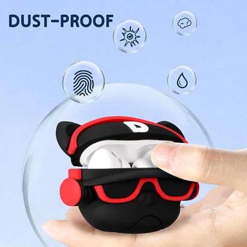 Image of Meyaar Earphone Case Cover Compatible for Realme Buds T300, Soft Silicone Skin Case Cover Shock-Absorbing Protective Case with Keychain (Front LED Visible) (Black Dog with Red Band)