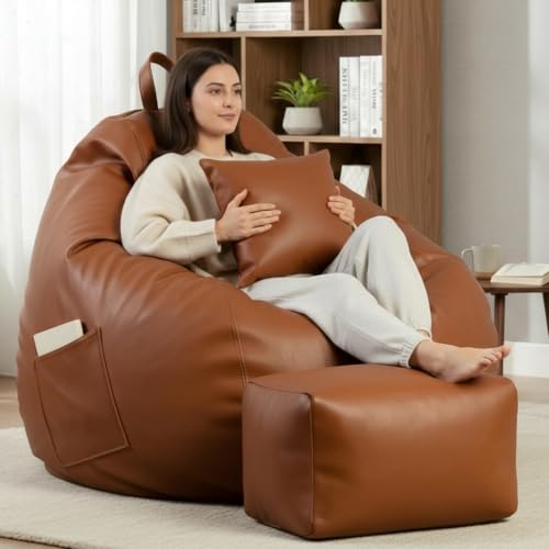 Image of KAM'S LIEU 5XL Luxury Faux Leather Bean Bag with Footrest & Cushion | Pre-Filled High-Density Polystyrene Beans | Premium Leatherette | 6 Months Warranty Color- (Tan, with Footrest)