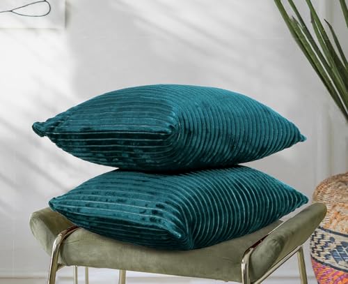 Image of RD TREND Cushion Cover Set of 2, Decorative Sofa Living Room Home Square Cushion Covers 24 Inch x 24 Inch, Aesthetic Corduroy Striped Double Sided (Green)