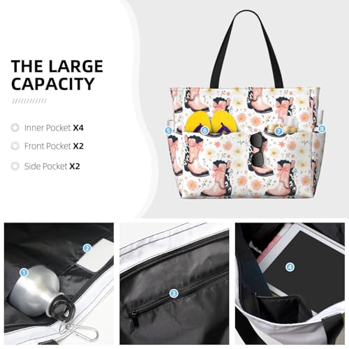 Large Beach Bags for Women Sandproof - Bow Cowboy Boots Q Print Summer Work Travel Tote Bags with Zipper3