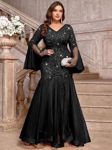 MISSMAY Women's Plus Size Sequins Lace V Neck Sheer Long Sleeves Tulle Mermaid Hem Formal Evening Party Dresses4
