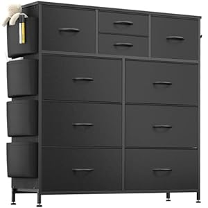 Lulive 10 Drawer Dresser, Chest of Drawers for Bedroom with Side Pockets and Hooks, Fabric Storage Dresser, Sturdy Steel Frame, Wood Top, Organizer Unit for Nursery, Hallway, Closet (Black)