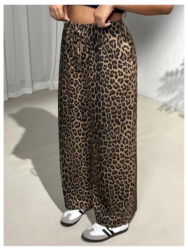 MakeMeChic Women's Plus Size Cheetah Print Wide Leg Summer Pants Casual Drawstring Waist Trousers3