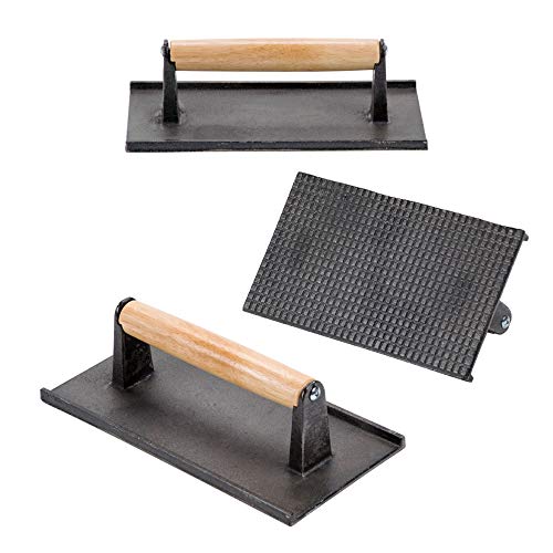 (Set of 3) Cast Iron Steak Weight/Bacon Press with Wooden Handle, 9 x