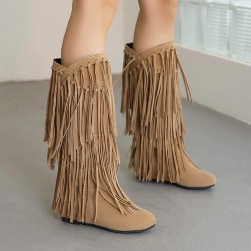 Womens Fringe Western Boots Fashion Hidden Heel Knee-high Boots Round Toe Platform Tassel Moccasin Boots2