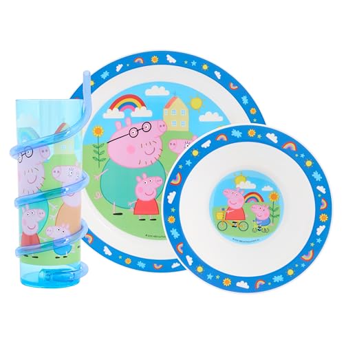 Peppa Pig Hooray Service de table pour enfants – Comprend une assiette, un bol et un gobelet à paille torsadée avec Peppa, George, Daddy Pig et Mummy Pig.