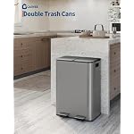 OUTLANE 2 X 8 Gal Stainless Steel Double Trash Can with Lid, Dual Compartment Step-on Kitchen Garbage & Recycle Bin, Metal Waste Bin with Removable PP Buckets, Liner Rim, Matte Grey - Image 2