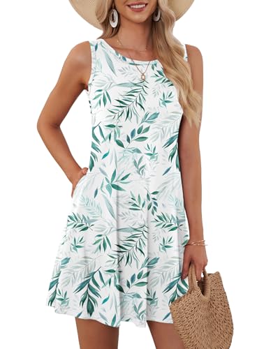 AUSELILY Beach Cover Ups for Women Casual Summer Sleeveless Crew Neck Mini Dress Pool to Party, White Willow Leaf XL