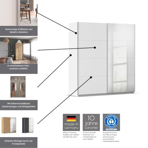 Rauch Möbel Subito Kleiderschrank für Schlafzimmer, Kinderzimmer, Flur, Garderobe, 2-türig mit Spiegel, Farbe Weiß, inkl. 2 Kleiderstangen, 2 Einlegeböden, Breite 136 cm