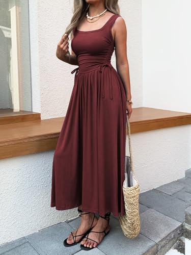 Image of Mieazom Women's Boho Summer Maxi Dress with Pockets, Adjustable Waist, Sleeveless Casual Ruched Sundress for Beach Vacation