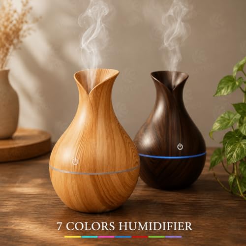 Image of KIMEE Aroma Diffuser Humidifier for Room & Home | Wood Grain Essential Oil Diffuser | Ultrasonic Cool Mist Air Humidifier for Bedroom | 3 Colour LED Light | Touch Control | Auto Shut-Off | 200ml