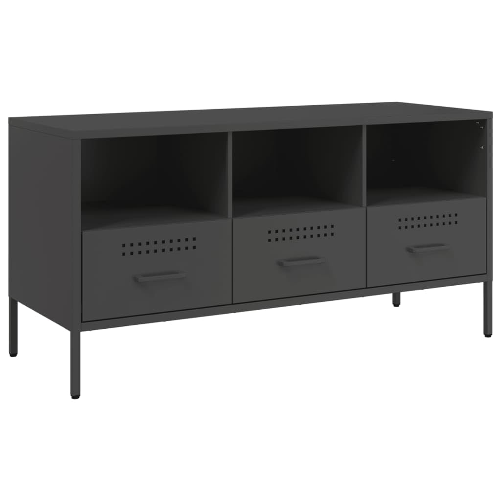 Genérico Mueble TV Negro 100,5x39x50,5 cm Acero | Estilo industrial, 4 patas ajustables, almacenamiento para revistas y DVD, montaje en pared incluido