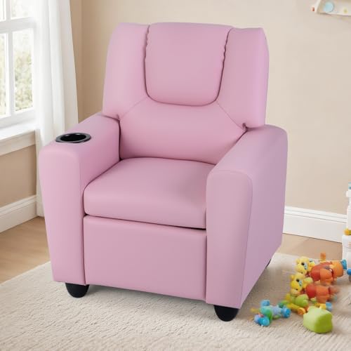 Image of Costzon Kids Recliner Chair with Cup Holder, Toddler Adjustable Lounge Chair w /Footrest for Girls Room, Ergonomic Baby Child Furniture Sofa for Age 3+ Gifts, Kids Pink Mini Recliner up to 150 lbs