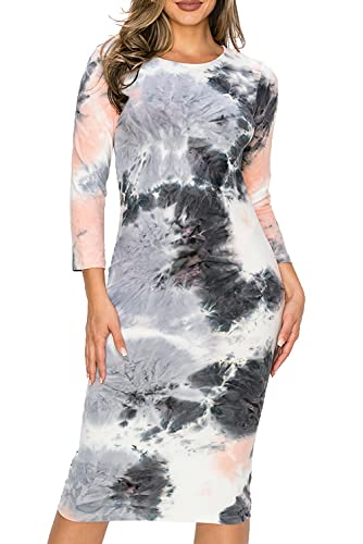 Image of ICONOFLASH Women's 3 /4 Sleeves Midi Bodycon Dress Crew Neck Fitted Dresses with Plus Size Options
