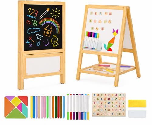 Kids Easel Wooden Art Easel for Kids Tabletop Magnetic Drawing Board with Dual Chalkboard & Whiteboard Foldable No-Assembly Design Art Set with 54 Magnetic Letters & Numbers and Dustless Chalk