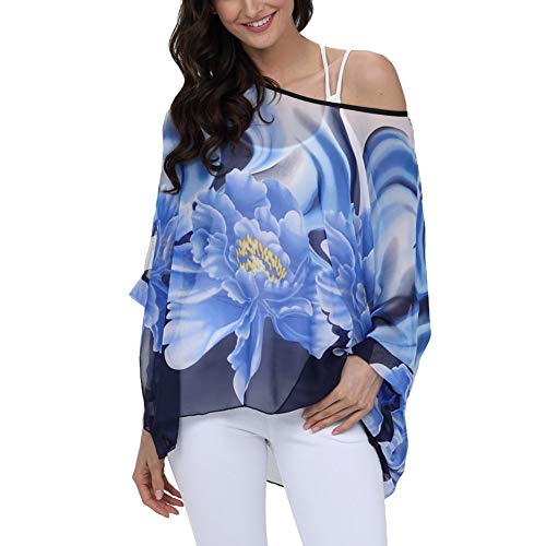 Image of Ckikiou Plus Size Batwing Flowy Semi Sheer Chiffon Blouse Tunic for Women Summer Floral Print Boho Beach Cover ups