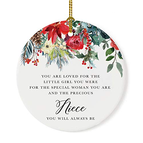 Andaz Press Round Ceramic Porcelain Christmas Tree Ornament for Nieces, You are Loved for The Little Girl You were - for The Special Woman You are, 1-Pack Niece Ornament Niece Christmas Ornaments
