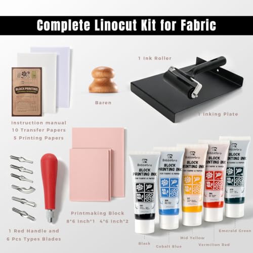 Image of Bobblebro Linocut Kit for Printmaking, 6 Color Fabric Block Printing Kit | Stamp Making Kit with 2.6 oz Fabric Block Printing Inks, Linocut Blocks, Carving Tools, Adult DIY Art & Back to School Gifts