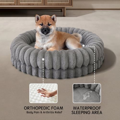 Image of BALANCE Luxury Donut Dog Bed, 30 Inches Round Dog Bed Medium Size Dogs Washable, Orthopedic Calming Dogs Bed for Pets with Anti-Slip Bottom, Gray