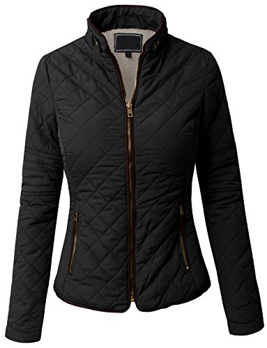 NE PEOPLE Womens Lightweight Quilted Faux Fur Lining Zip Jacket Black