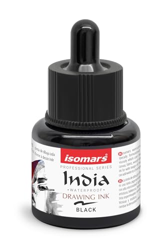 Image of Isomars Waterproof Drawing Ink with Dropper - 35ml | Black India Ink for Calligraphy, Art, Technical Drawing | Fade-Resistant & Quick-Drying (Black)