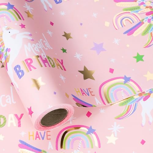LeZakaa Pink Unicorn Birthday Wrapping Paper Roll for Girls Women Have a Magical Birthday & Rainbow Stars Gold Foil Design for Baby Girl Baby Shower Mini Roll 17 inches x 16.4 Feet