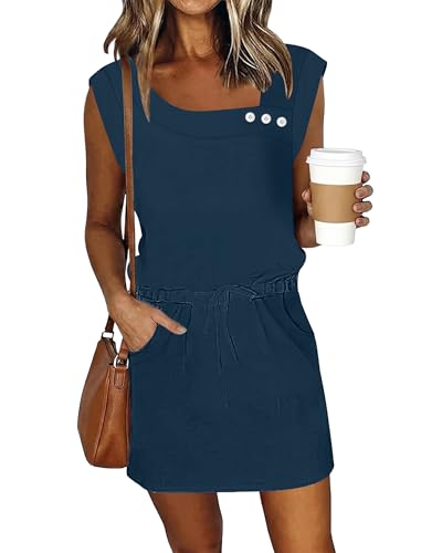 Image of SAUKOLE Womens Summer Dress Cap Sleeve Square Neck Short Dress with Pockets | Classic Square Neckline, Button Front, Adjustable Drawstring Waist, Flowy Mini Sundress for Women, 2026 Summer Outfits