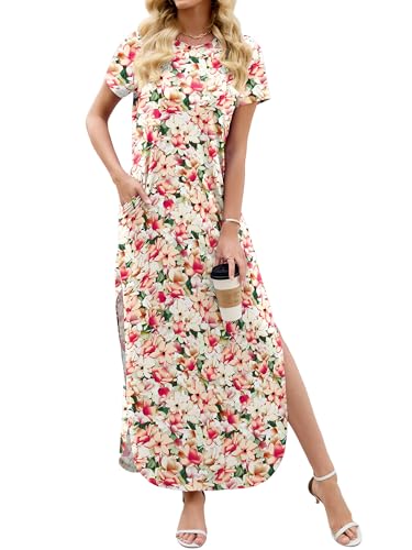 Image of Heymoments Womens Summer Maxi Dress Short Sleeve Casual Loose Long T Shirt Split Vacation Beach Sundress with Pockets
