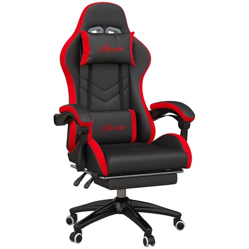 Le migliori sedie da gaming rosse Vinsetto Sedia da Gaming Ergonomica in Pelle PU e Acciaio con Poggiatesta e Altezza Regolabile, Poltrona Gaming con Schienale Reclinabile e Cuscino Lombare, 65x65x121-129 cm, Nero e Rosso