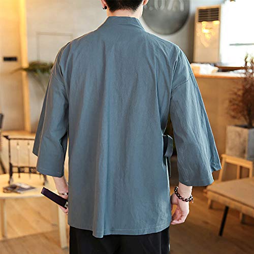 Image of Men's Chinese Style Linen Cardigan Jacket loose kimono Jacket Solid Color Self-tie Hanfu Traditional Clothing