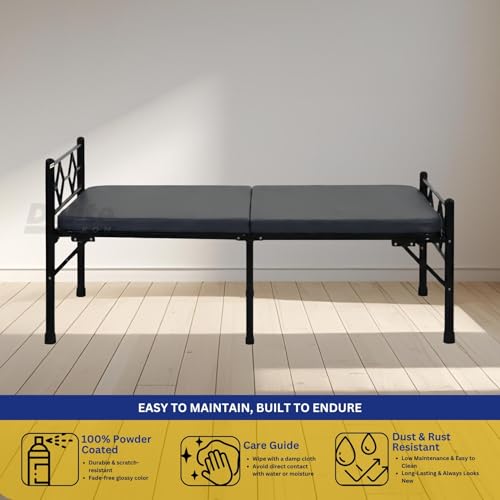 Image of DELITE KOM Dory Foldable Metal Single Bed (6.7x3ft) with Mattress | No Install | 1 Year Warranty | Strong Metal Single Bed, 204.5 cm x 92 cm (6.71 ft x 3.02 ft) (Finish Color - Black