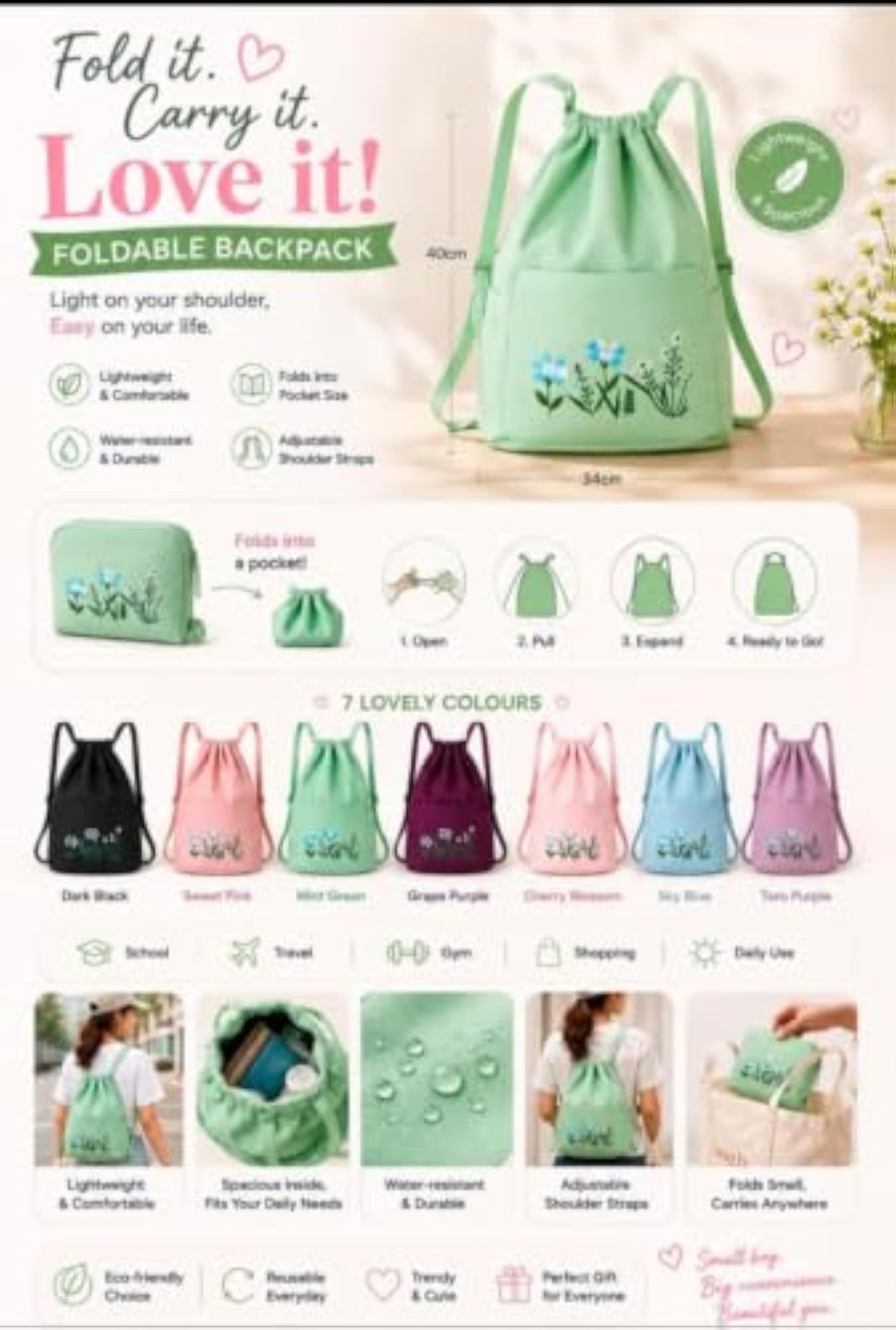 Floral Embroidered Foldable Drawstring Backpack