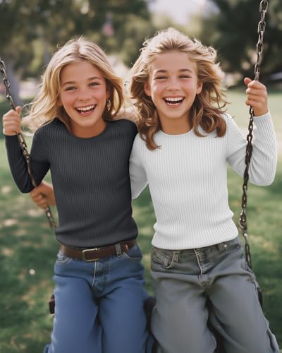 Image of 4 Pack Girls Long Sleeve Shirts Ribbed Knit Cotton Crewneck Tops Slim Fit Soft Casual Kids Base Layer Undershirts