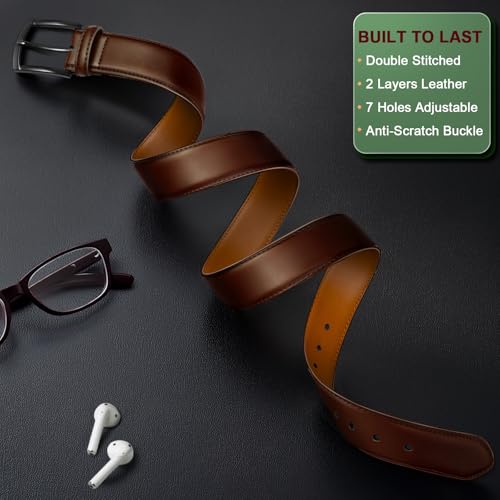 Image of BULLIANT Men Belt 2Pack-Leather Belt 7Holes Comfortable For Men's Dress Casual Jeans 1 3 /8 inch