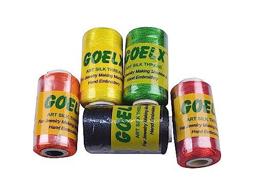 GOELX Silk Thread for Jewelery-Making 5 Spools - Black,Red.Mango Yellow,Green,Orange