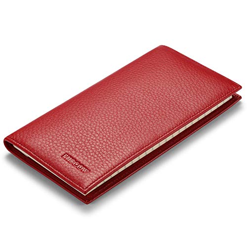 Image of HISCOW Slim Leather Checkbook Cover for Personal Checks, Pebbled Red, One Size | Full grain cowhide, transaction register & check book pockets, removable duplicate divider, durable stitching, gifts for men