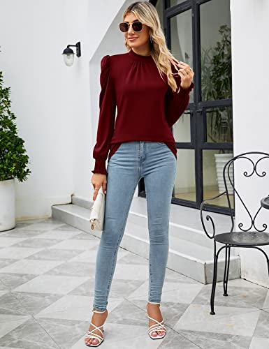 Image of LUYAA Puff Long Sleeve Shirts for Women Tops Dressy Casual Frill Mock Neck Smocked Cuffs Blouses