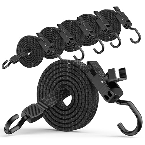 Rugtol Bungee Cords with Hooks 80 Inch Long Adjustable Flat Bungee Straps with Upgraded Quick Release Buckle Rubber Black Easy Adjust Elastic Cords with Metal Hooks for Outdoor Tarp 6 Pack