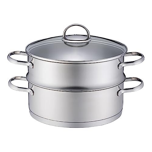 Juego de vaporera de acero inoxidable, 26 cm, 2 niveles, sartenes de inducción con tapa de vidrio endurecido y asas antideslizantes que se mantienen frías