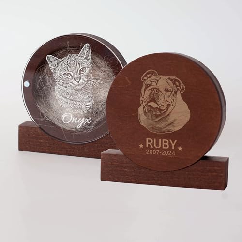 Image of Personalized Pet Hair Keepsake Box for Dog and Cat Fur - Engraved Wood Memorial Box - Unique Customized Gift for Loss of Furry Friend Wooden (Dark Round Wood /Acrylic Lid, With Photo)
