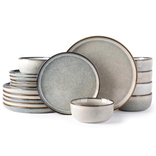 GBHOME Ceramic Dinnerware Sets for 6, 18 Pieces Stoneware Plates and Bowls Sets, Reactive Glaze Dishes -Scratch Resistant, Dishwasher&Microwave Safe, Green Wheat