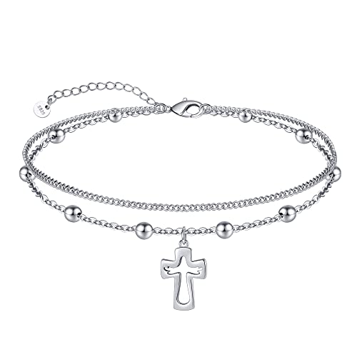 Image of CHIC & ARTSY Women Anklets S925 Sterling Silver Dainty Layered Anklet Bracelet Adjustable Multilayer Beach Ankle Bracelet Summer Jewelry for Women 10-11 Inches