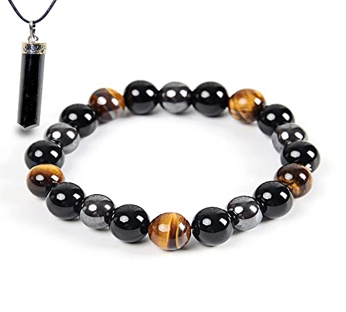 Bombay Crystals Triple Protection Bracelet - Couples Bracelets - Crystal Bead Bracelets for Mens - Beads Bracelet Triple Protection - Black Obsidian Bracelet Gemstones - Bring Luck and Prosperity