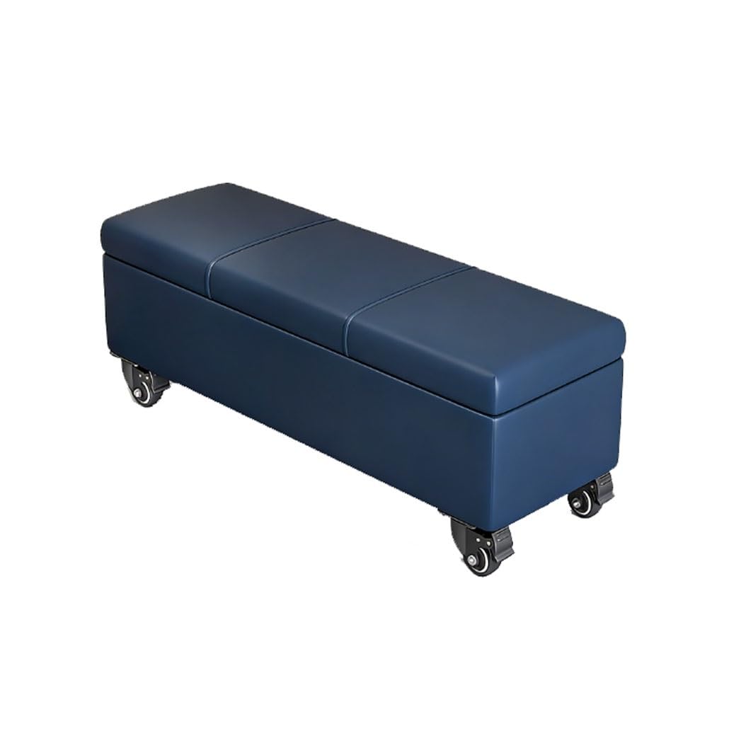Coffre de rangement ottoman bleu nuit 90cm en cuir design sur roulettes
