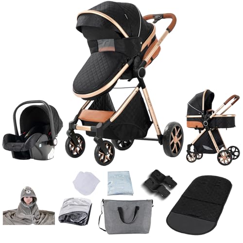 Prokoke Kinderwagen 3 in 1, Kinderwagen Set Einem Klick Faltbar, Kombikinderwagen 3 in 1 mit Umkehrbarem Zwei-Wege-Schub, Buggy Rahmen Aluminiumlegierung Baby Kleinkind Neugeborene (225 Black)